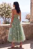 Corsé Dusty Sage A-Line Tul transparente con corsé midi bordado con flores