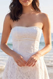 Vestido mini de encaje A Line A, tirantes de marfil y perlas