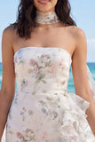 Vestido blanco pequeño bodycon con volantes florales sin tirantes