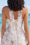 Vestido blanco pequeño bodycon con volantes florales sin tirantes