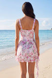 Vestido blanco pequeño bodycon escote floral con volantes y escote en V