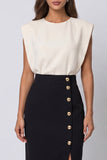 Vestido de trabajo midi de cuello redondo en marfil y negro con abertura