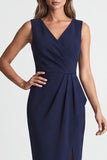 Traje de trabajo midi azul marino Bodycon escote en V con abertura