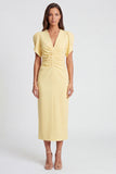 Vestido de trabajo midi midi de funda amarillo claro con escote en V y frochado