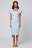 Vestido de trabajo Midi de brocado azul cielo con cuello Suqare