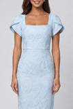 Vestido de trabajo Midi de brocado azul cielo con cuello Suqare