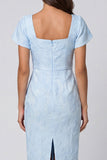 Vestido de trabajo Midi de brocado azul cielo con cuello Suqare