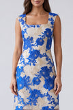 Vestido corto de trabajo azul floral de cuello cuadrado y funda