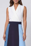 Vestido de trabajo Midi de línea A con escote en V en marfil y azul