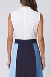 Vestido de trabajo Midi de línea A con escote en V en marfil y azul