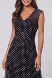 Vestido de trabajo Midi de malla blanca negra de puntos y cuello en V