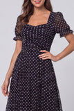 Vestido de trabajo midi de manga abullonada con cuello cuadrado y cuello negro blanco