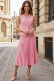 Vestido de trabajo midi rosa plisado plisado de dos piezas con escote en V y cuello en V