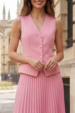 Vestido de trabajo midi rosa plisado plisado de dos piezas con escote en V y cuello en V