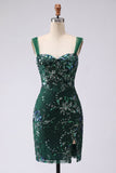 Vestido corto de bienvenida con lentejuelas bodycon color verde oscuro brillante con abertura