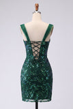 Vestido corto de bienvenida con lentejuelas bodycon color verde oscuro brillante con abertura