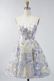Corsé azul polvoriento Línea A Vestido corto floral sin tirantes para el homecoming