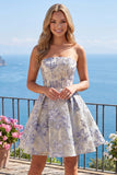 Corsé azul polvoriento Línea A Vestido corto floral sin tirantes para el homecoming