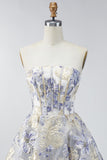 Corsé azul polvoriento Línea A Vestido corto floral sin tirantes para el homecoming