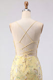 Corsé transparente amarillo, lentejuelas, vestido corto de bienvenida con encaje en la espalda
