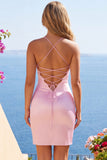 Vestido de Homecoming con corsé rosa transparente y cuentas fruncidas, con abertura