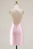 Vestido de Homecoming con corsé rosa transparente y cuentas fruncidas, con abertura