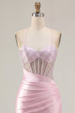 Vestido de Homecoming con corsé rosa transparente y cuentas fruncidas, con abertura