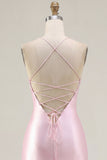 Vestido de Homecoming con corsé rosa transparente y cuentas fruncidas, con abertura