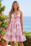 Corsé rosa de línea A con volantes y vestido corto corto floral con volantes