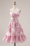 Corsé rosa de línea A con volantes y vestido corto corto floral con volantes