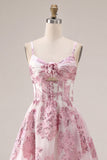 Corsé rosa de línea A con volantes y vestido corto corto floral con volantes