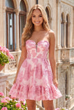 Vestido de bienvenida rosa con corsé A-Line con volantes
