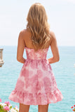 Vestido de bienvenida rosa con corsé A-Line con volantes