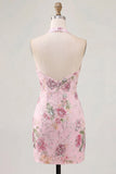 Vestido rosa de lentejuelas bodycon con escote halter y lentejuelas florales de bienvenida