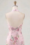 Vestido rosa de lentejuelas bodycon con escote halter y lentejuelas florales de bienvenida