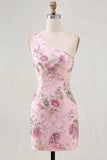 Vestido rosa de lentejuelas bodycon de un solo hombro floral para Homecoming