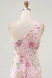 Vestido rosa de lentejuelas bodycon de un solo hombro floral para Homecoming