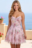 Corsé rosa Sweetheart Línea A con lentejuelas y vestido floral de bienvenida