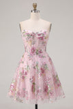 Corsé rosa Sweetheart Línea A con lentejuelas y vestido floral de bienvenida