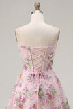 Corsé rosa Sweetheart Línea A con lentejuelas y vestido floral de bienvenida