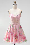 Corsé translúcido rosa A-line Sweetheart Transparente con lentejuelas Vestido floral de bienvenida