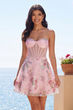 Corsé translúcido rosa A-line Sweetheart Transparente con lentejuelas Vestido floral de bienvenida