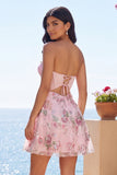Corsé translúcido rosa A-line Sweetheart Transparente con lentejuelas Vestido floral de bienvenida