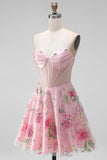 Corsé translúcido rosa A-line Sweetheart Transparente con lentejuelas Vestido floral de bienvenida