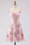 Corsé translúcido rosa A-line Sweetheart Transparente con lentejuelas Vestido floral de bienvenida
