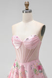 Corsé translúcido rosa A-line Sweetheart Transparente con lentejuelas Vestido floral de bienvenida