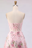 Corsé translúcido rosa A-line Sweetheart Transparente con lentejuelas Vestido floral de bienvenida