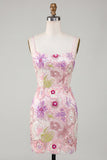 Vestido de bienvenida a casa con tirantes finos rosa brillantes y lentejuelas florales