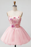 Vestido de bienvenida rosa de lentejuelas florales sin tirantes A-Line