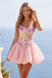 Vestido de bienvenida rosa de lentejuelas florales sin tirantes A-Line